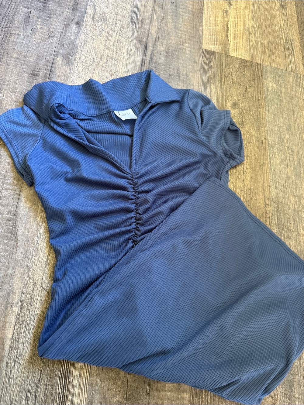 Ruched Collared Ribbed Dress- Blue - Picture 5 of 5